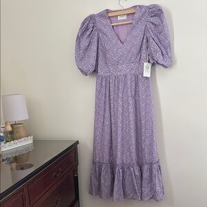 Tuckernuck Purple Puff Sleeve V-Neck Midi Dress